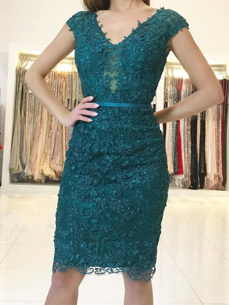 Vestido elegante Weitese corto de encaje verde con escote en V para fiesta
